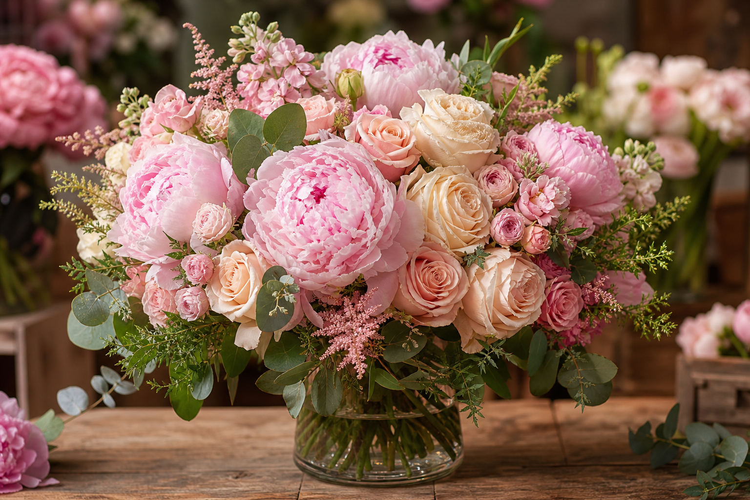 Романтический букет в стеклянной вазе — FloraDeLux